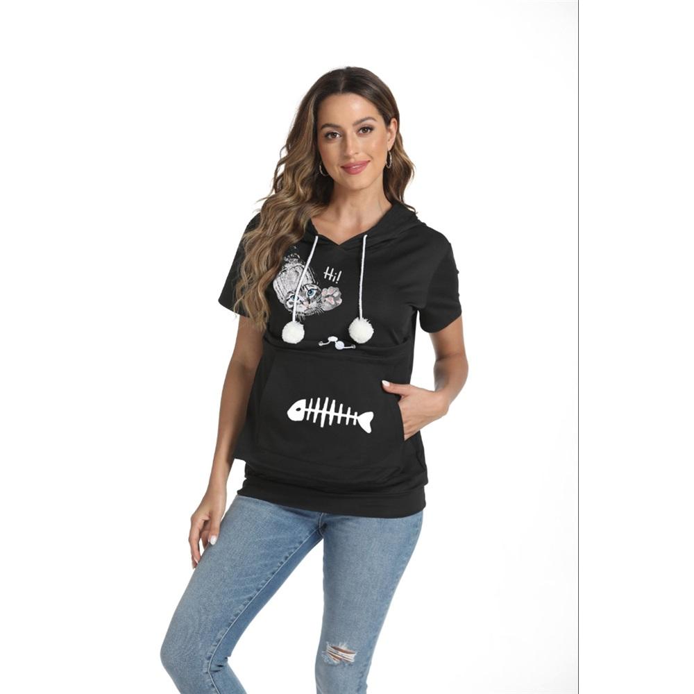 Women's summer short-sleeved large pocket cartoon printed casual drawstring hooded T-shirt