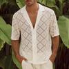 Men's Cuban?Collar Shirt Casual Hollow Out Knitted Button Down Shirt Vintage Short Sleeve Summer Beach Top for Streetwear Vacation