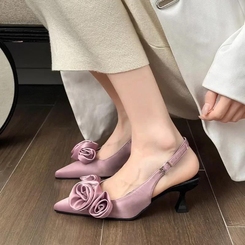 Pointed Flower High Heels Sandals for Women  Summer Fashion Sexy Pointed Toe Mules Shoes Woman Back Strap Party Dress Pumps