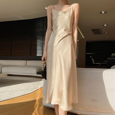 Women's Silk Satin Spring and Summer Long Dress with Lean Temperament Jacquard Halter Mid-length Dress