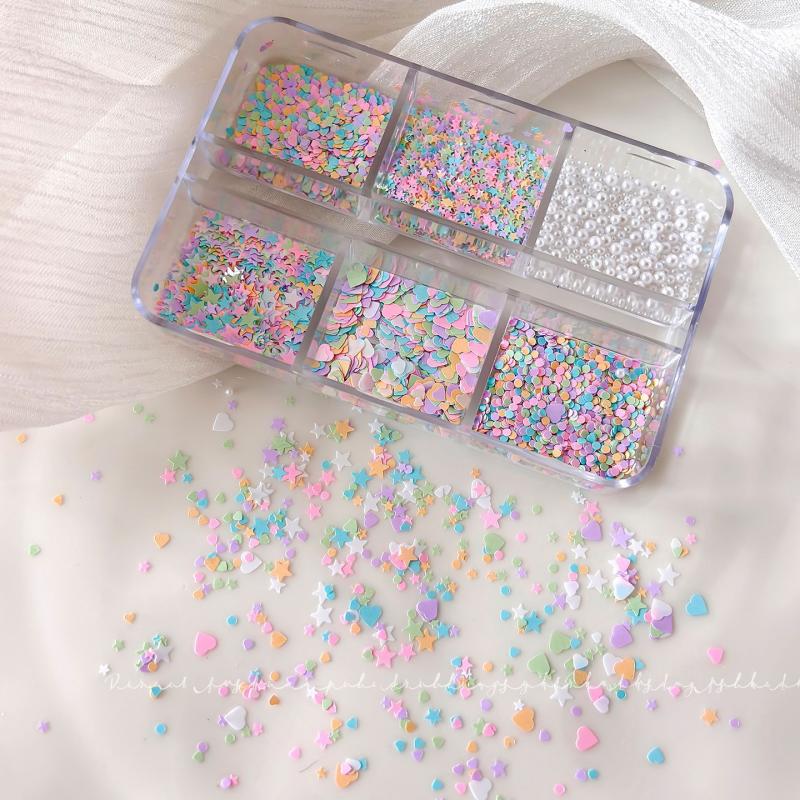 6 Grids Mixed White Pearl Nail Charms 3D Round Pearl Beads Color Sequin Nail Art Rhinestones Manicure Accessories Diy Parts