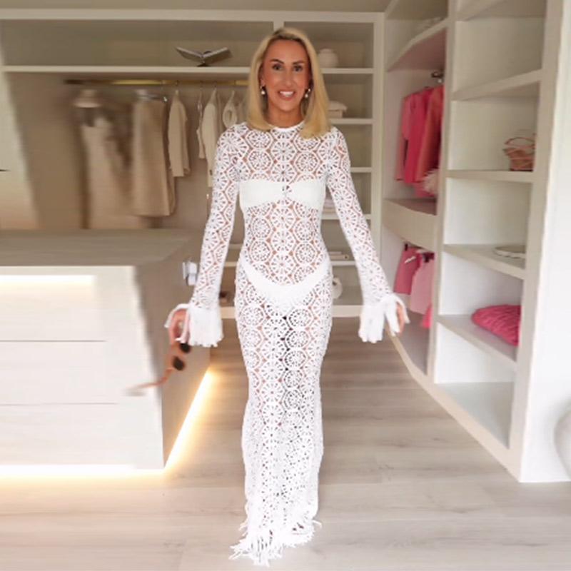 Sexy Tassel Hallow Out Midi Dress Women Solid Long Sleeve O-neck Holiday Slim Dresses Female 2024 Summer Fashion Crochet Robe