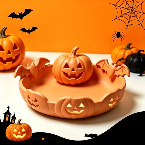 Candy Storage Dish Halloween Pumpkin Tray, Bat Relief Holder, 3D Printed Retro Face Bowl Desktop Bowl, Spooky Tabletop Ornament for Party Decor Window