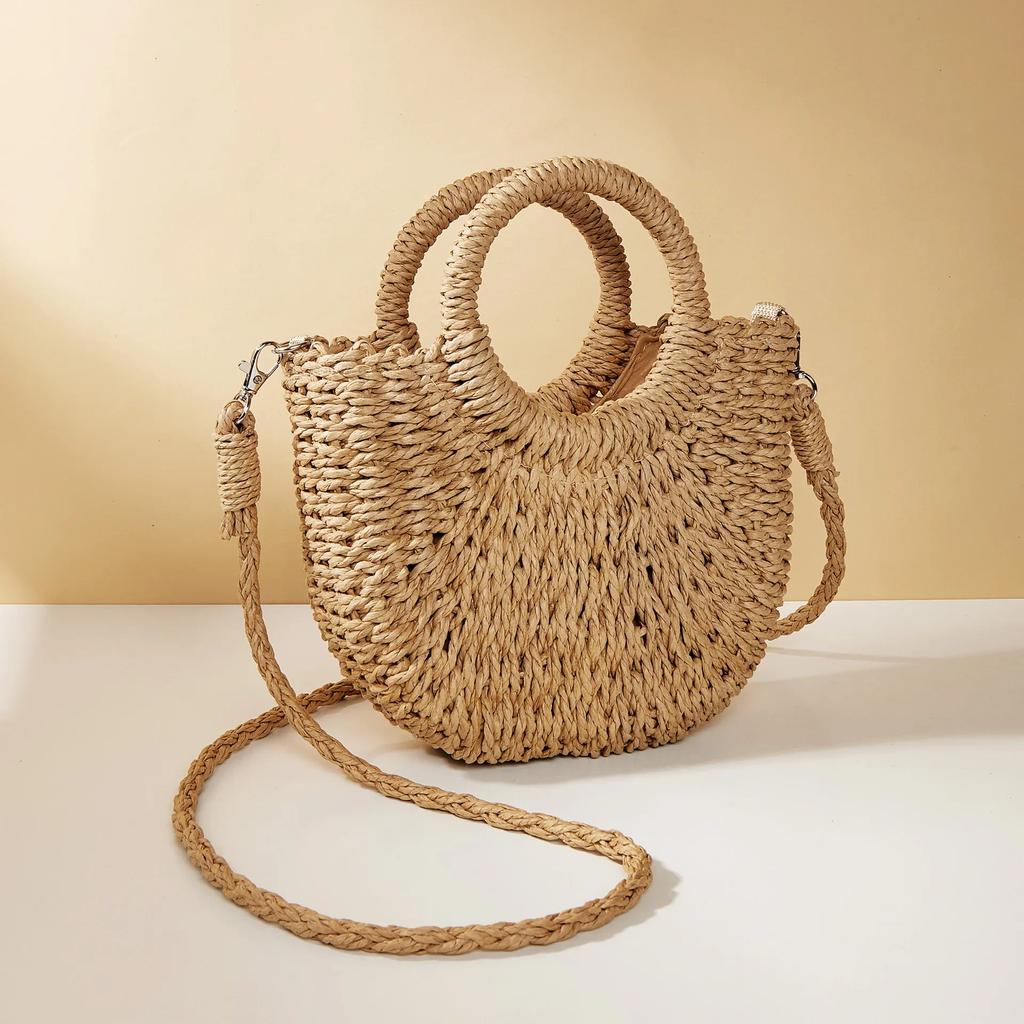 Handwoven Straw Rattan Half-Moon Bag - Women’s Large Capacity Hollow Out Crossbody Beach Shoulder Bag with Half-Round Design