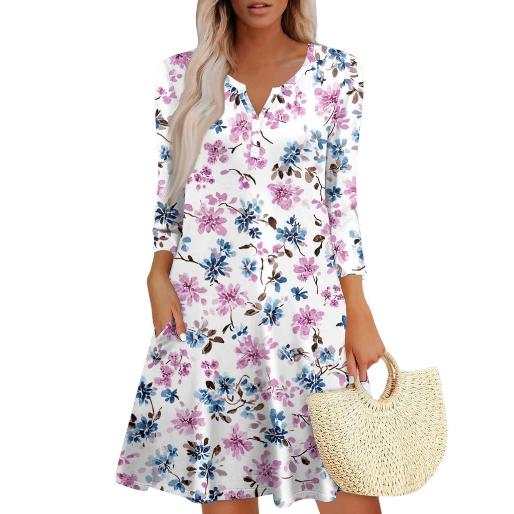 Women's Fashionable V-Neck Button Seven Part Cuff Pocket Floral Dress