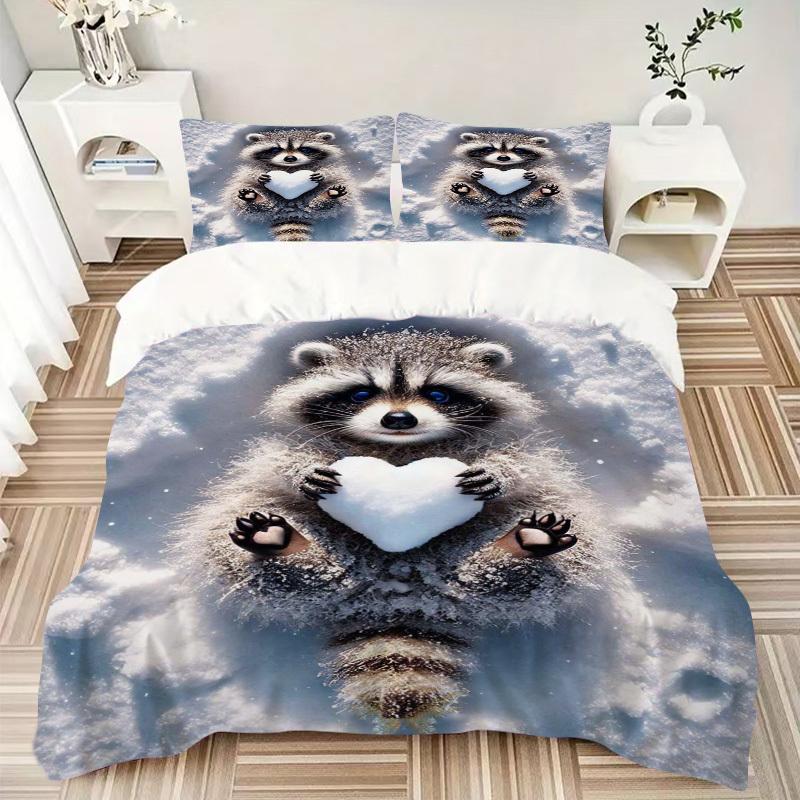 3pcs Raccoon Heart Snowflake Bedding Set - Includes One Quilt Cover and Two Pillowcases (No Core) - Anime Cartoon Design, Polyester Fabric,