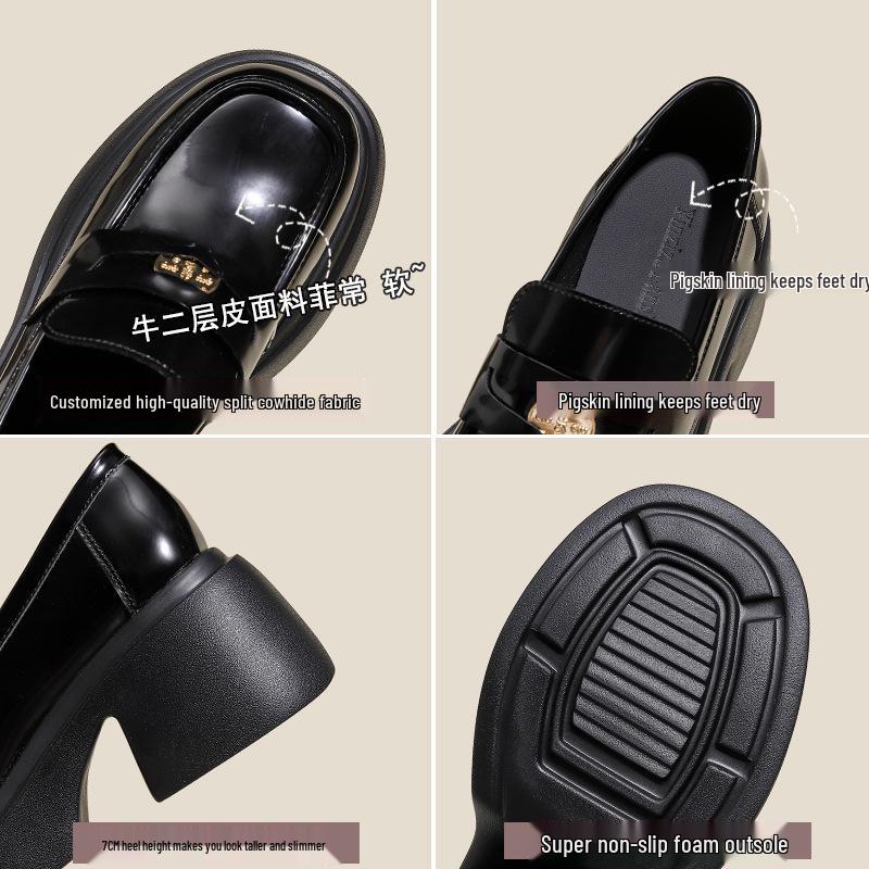 Mocasini cu platformă din piele neagră pentru femei: Nou Stil Britanic 2024, cu Talpă Groasă, Universal, Piele Naturală, Colecția de Primăvară.
