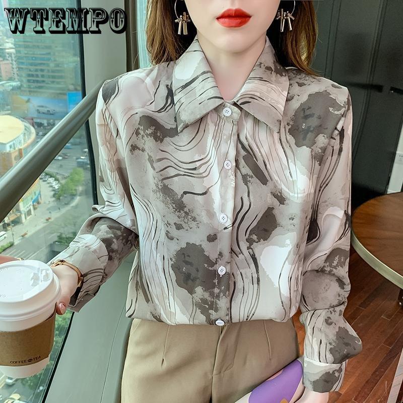 Spring and Autumn Women's Shirt Lapel Shirt Loose Vintage Tie-dyed Shirt Long-sleeved Printed Chiffon Shirt