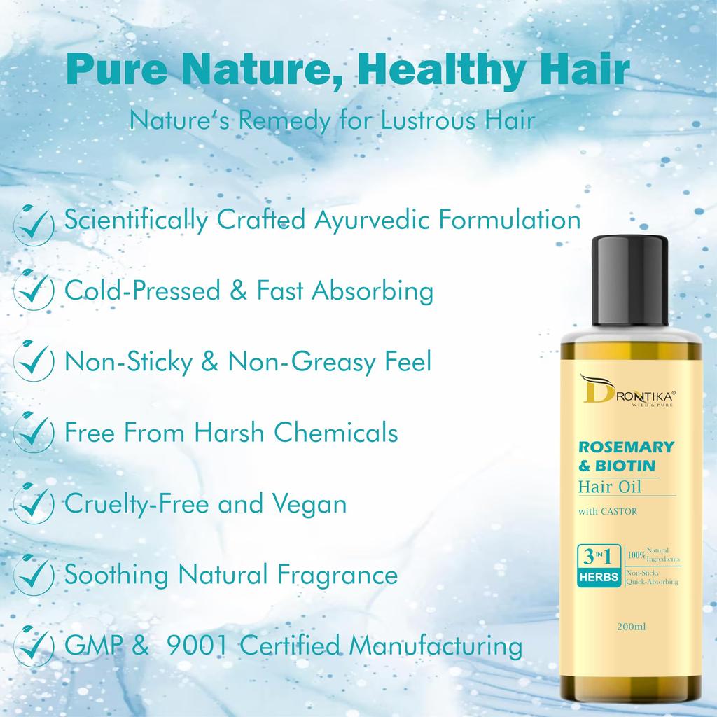 Drontika Wild & Pure Rosemary & Biton Herbal Hair Oil with Castor Oil For Soft, Strong Hair 200ml. For Men & Women, For All Hair Types, No Paraffi