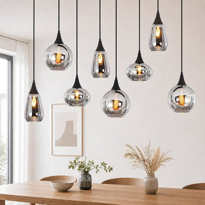 NETTLIFE Lustre douille en verre E27 8 lampes cordon de suspension réglable en hauteur style rétro