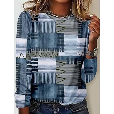 Damen T-Shirt Mode Modern Lässig Grafik Normal Oberteile Langarm Rundhals Druck Normale Passform Täglich Wochenende Blau Herbst Winter