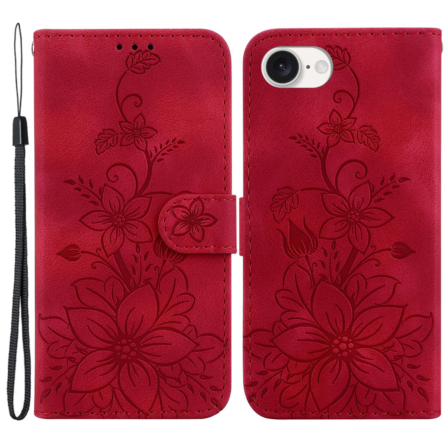 

For iPhone 16e Cell Phone Cases Floral Imprinted PU Leather Flip Protective Cover Red