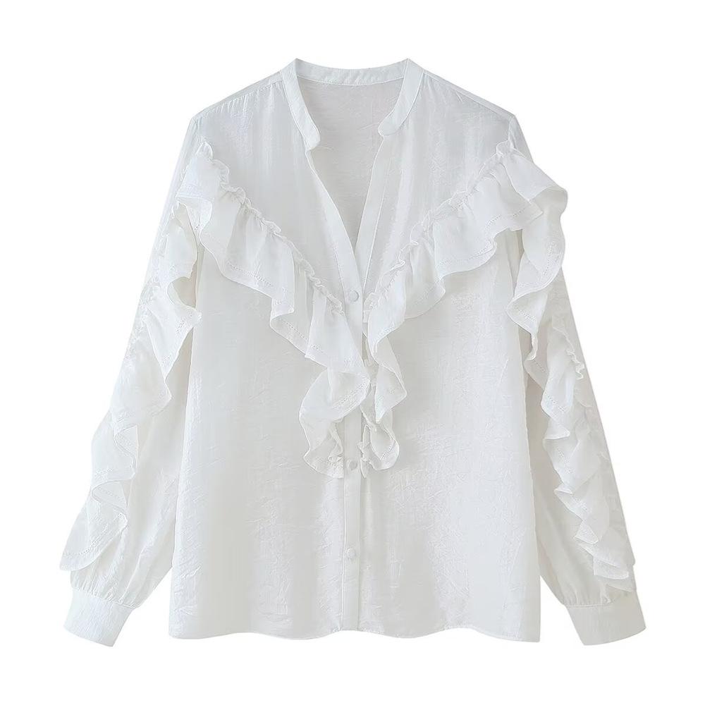 

2025 Spring/Summer Women s Loose Lace Layered Ruffle Long-Sleeve Shirt Large