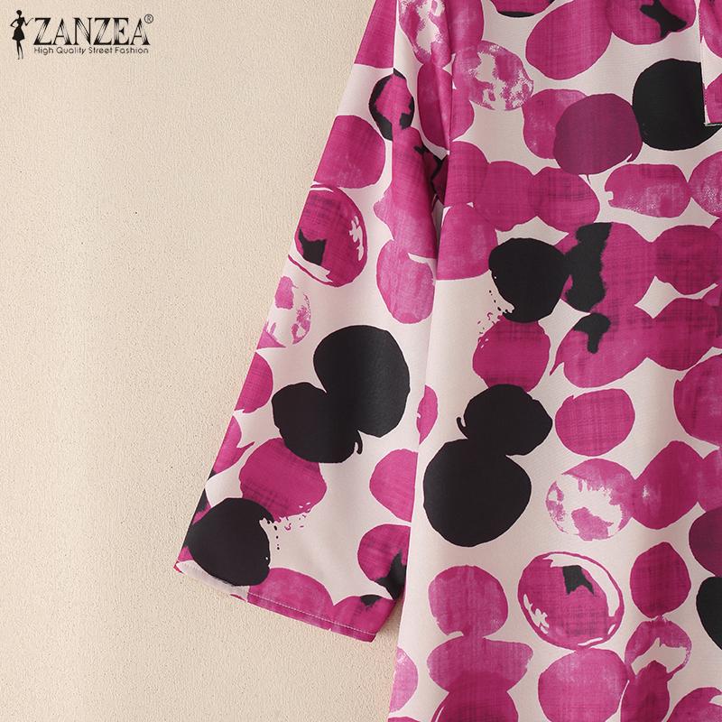 ZANZEA Women Turn Down Collar Long Sleeve Loose Print Shirt Dress