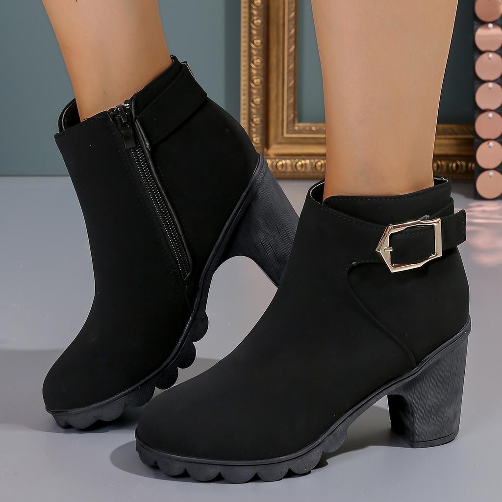 Fashion 2024 Women Fashion Black Chunky Heeled Ankle Boots Autumn New Woman Comfortable Platform Metal Decoration Shoes Shoes for Women