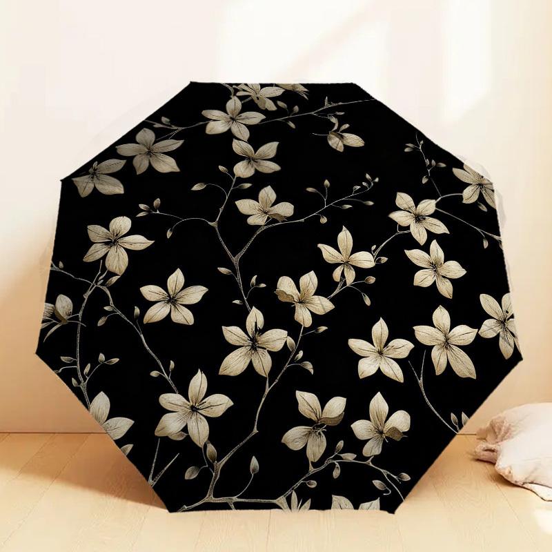 1pc Floral Pattern Black Automatic Folding Umbrella, Heavy Duty 8 Rib Iron Frame,  Suitable for Travel, Daily Use, Birthday, Decor Gift m0104080