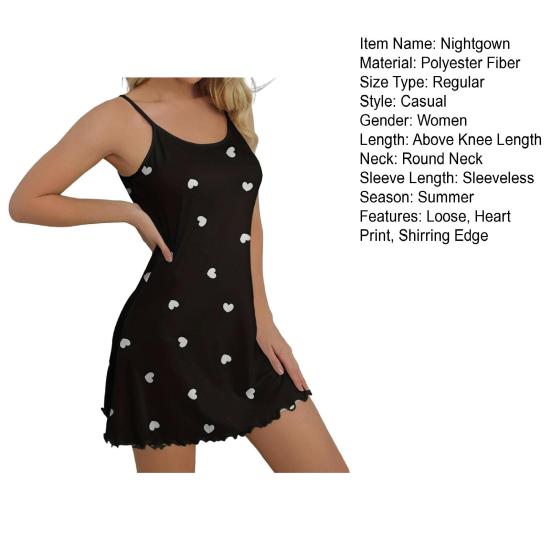 Camicia da notte senza maniche, senza schiena, a trapezio, con stampa a cuore e bordo arricciato