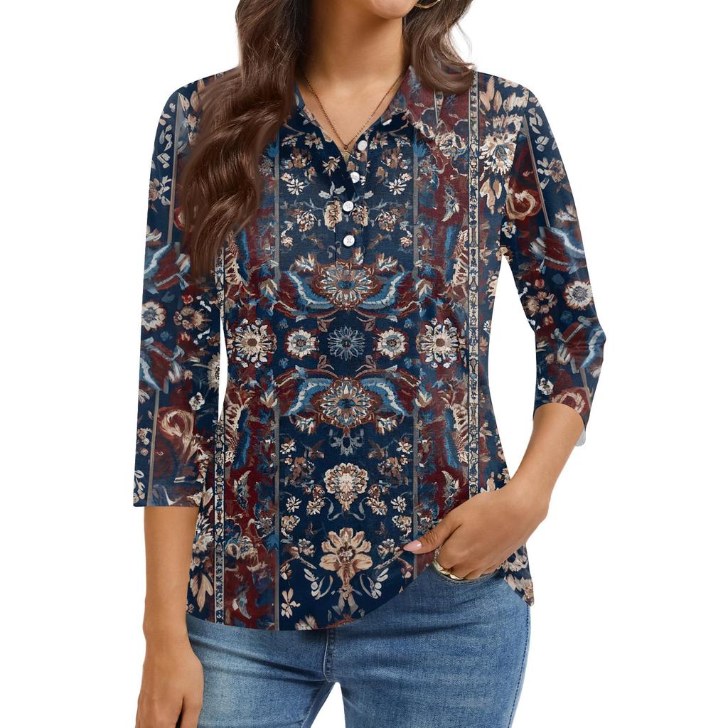 Women's Fashion Casual Lapel Short 3/4 Sleeve Print Shirt Women's Button Up Tops