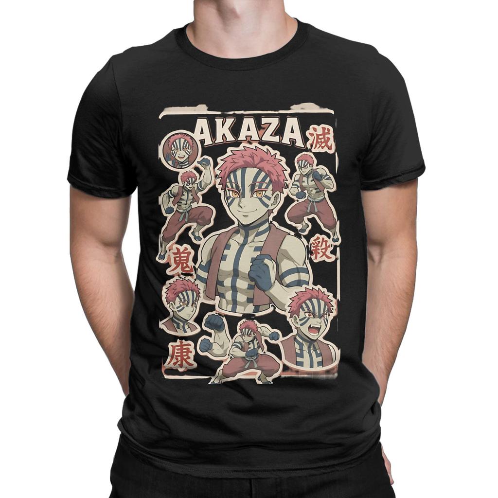 Demons Slayers Akaza Tshirts Men 100%Cotton Tops Hip Hop Anime Crewneck Short Sleeve