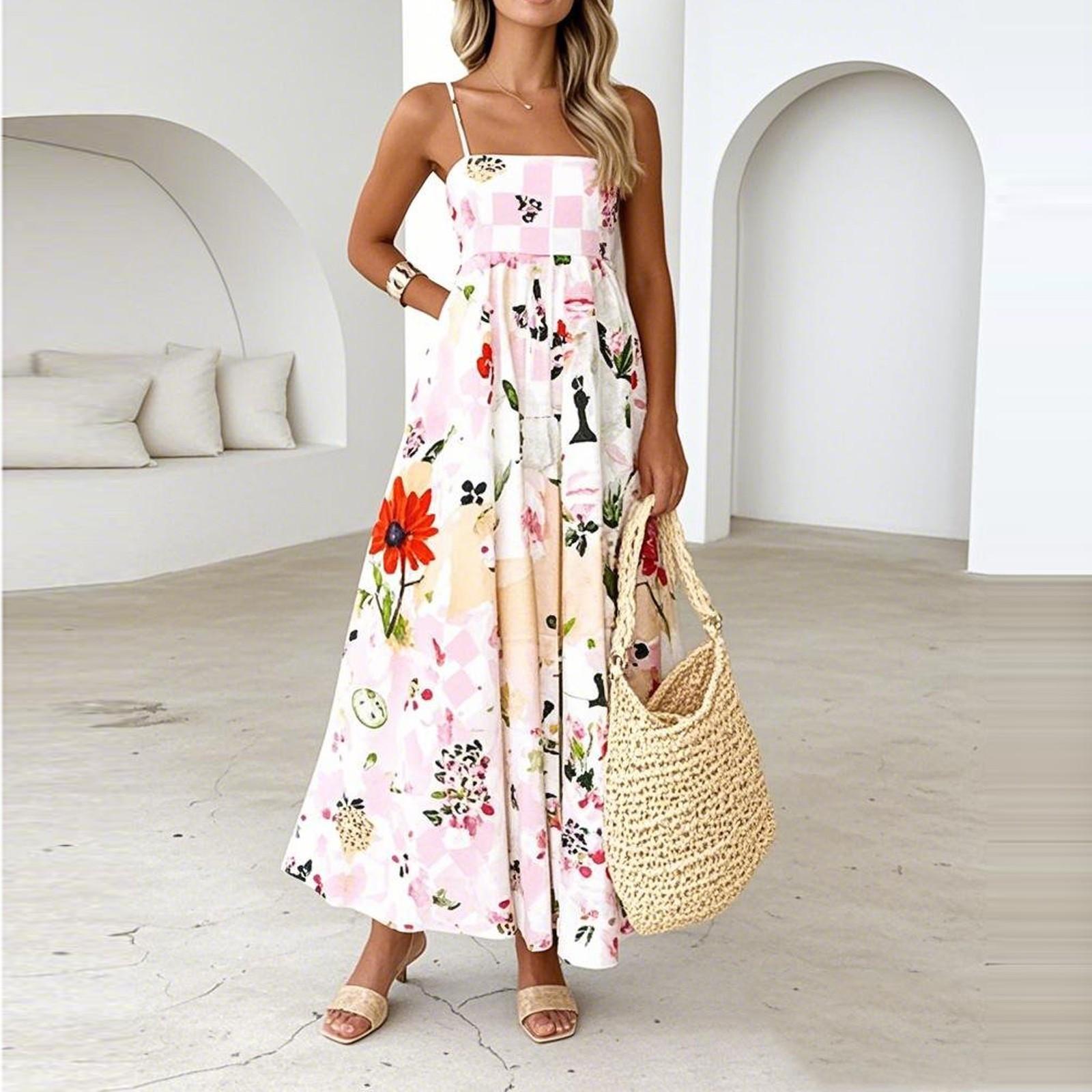 

Летнее женское элегантное платье с принтом на эластичной спинке, стили для отпуска, длинные платья с французским цветочным принтом и бретельками через шею XL розовый