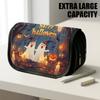 1pc Portable Flip-Top Halloween Themed Pencil Case with Double-Layer Zipper, Cute Ghosts Orange Design, Large Capacity Thickened Oxford Multifunctiona