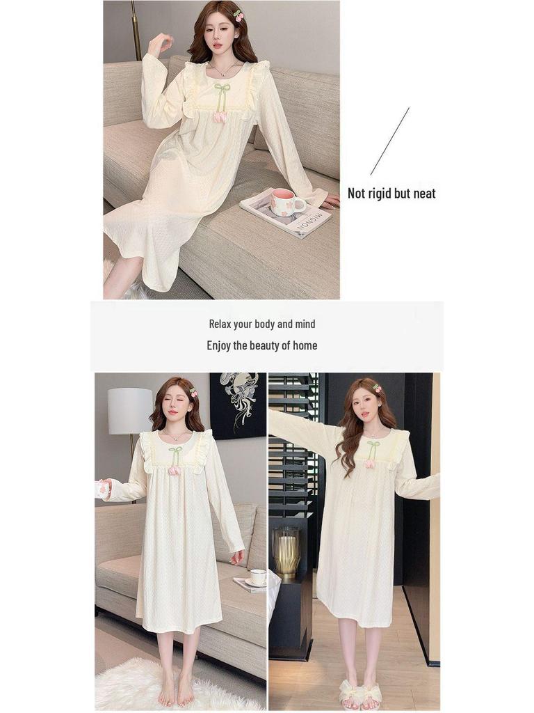 Spring & Autumn Korean Jacquard Maternity Slimming Lace Pajamas - Women's Long Sleeve Mid-Length Plus Size Sleep Dress