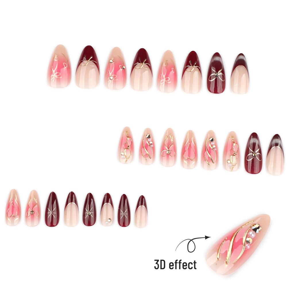 3D Butterfly Knot Wearable Red Blush Almond French Manicure Fake Nails