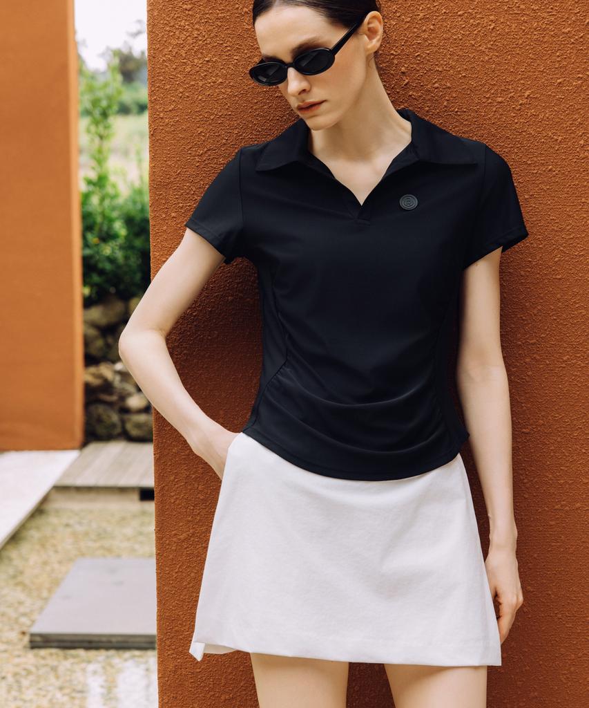 OBER GOLF Draped Open Collar Top (Black)