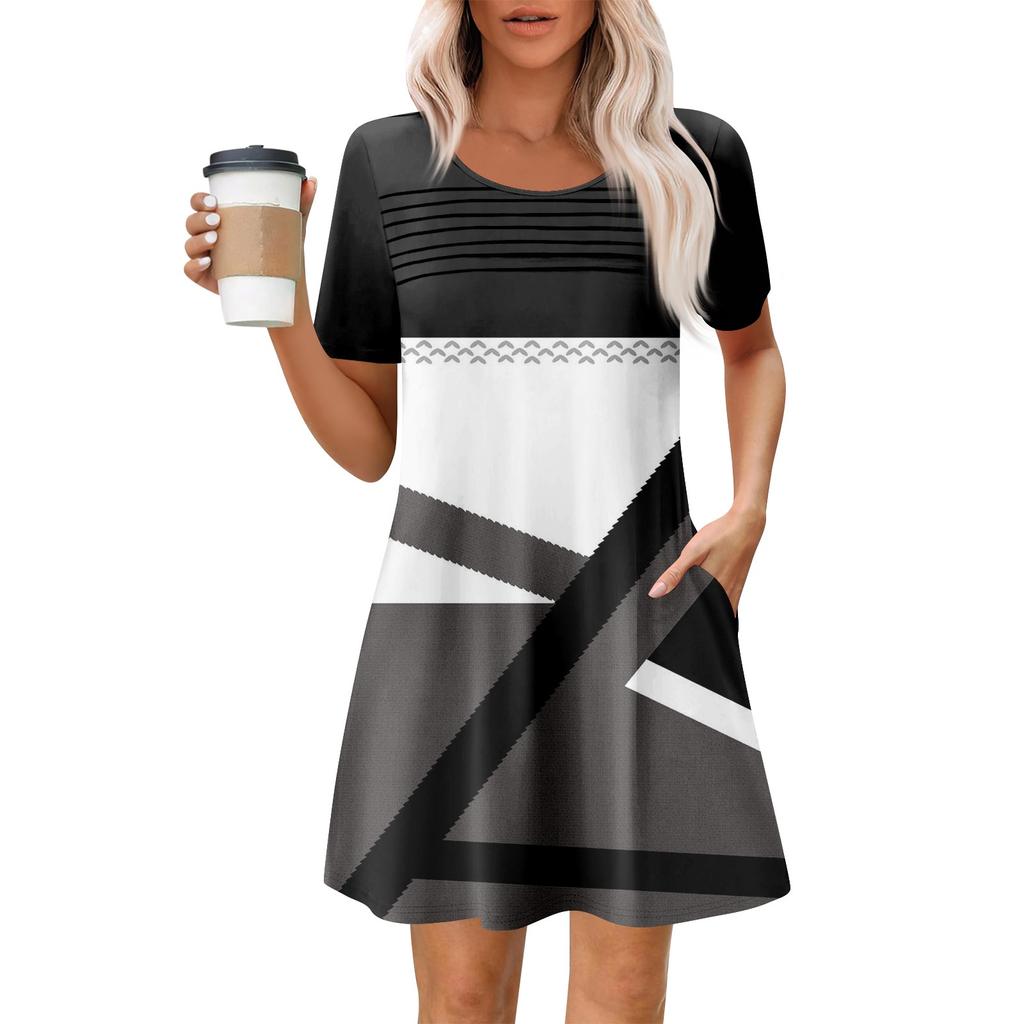 Women's Summer Casual Round Neck Pleated With Pockets Printed Short Sleeve Dresses