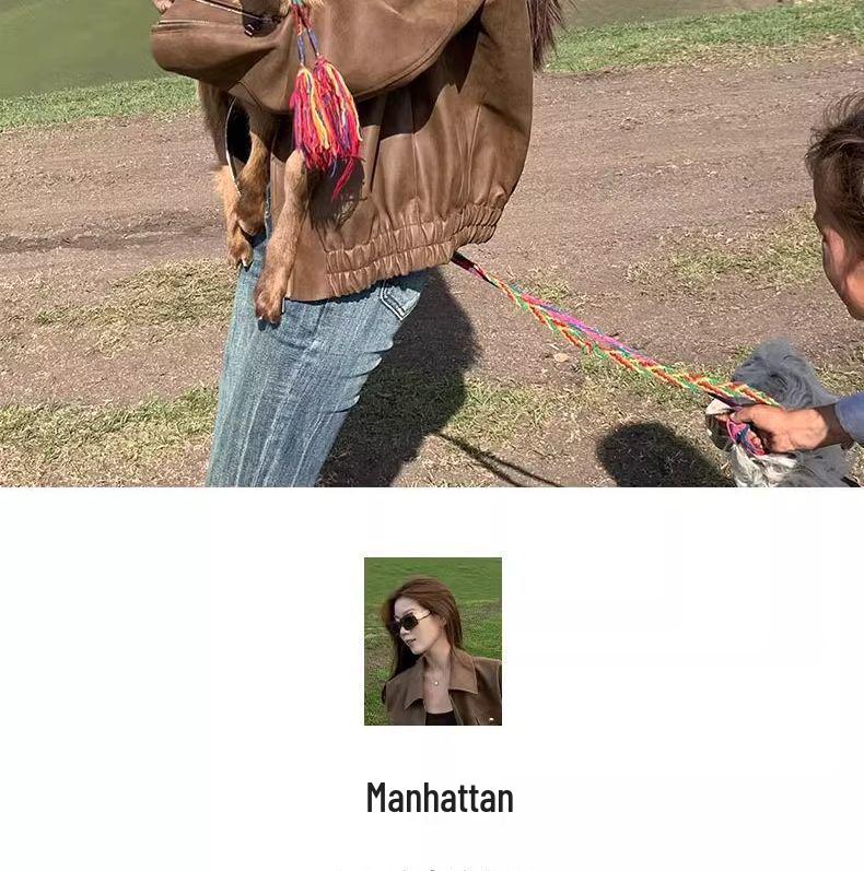 Women's Brown PU Leather Retro Motorcycle Jacket for Spring & Autumn