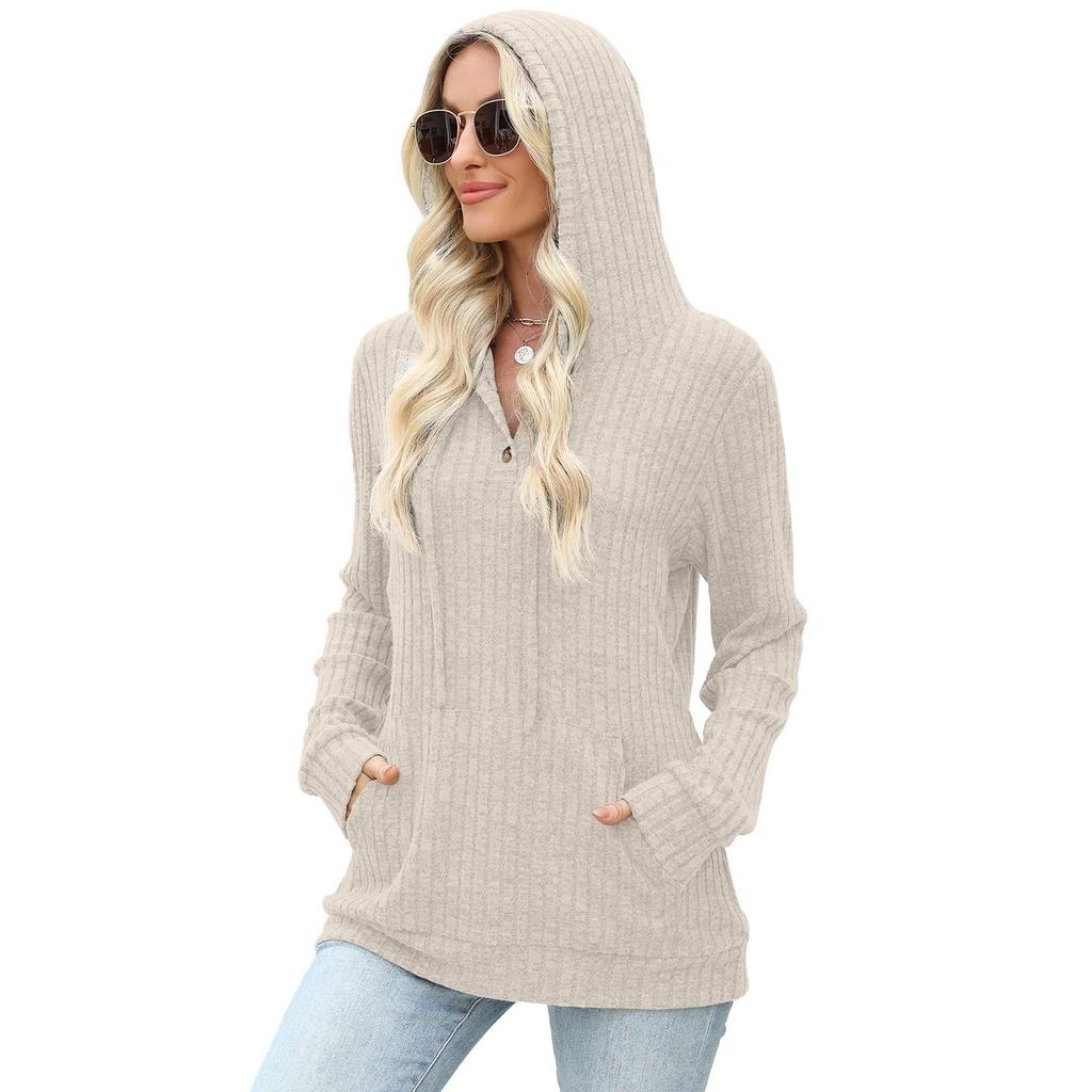 Women's Fashion Long Sleeve Solid Color Casual Ribbed Button Hoodie Top