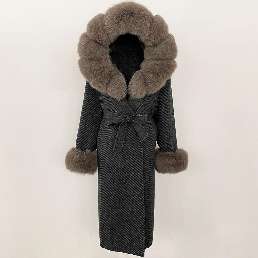 OFTBUY Winter Women Coat Real Natural Fox Fur Hooded Detachable Collar Double-faced Woolen Jacket Long Casual Elegant Overwears