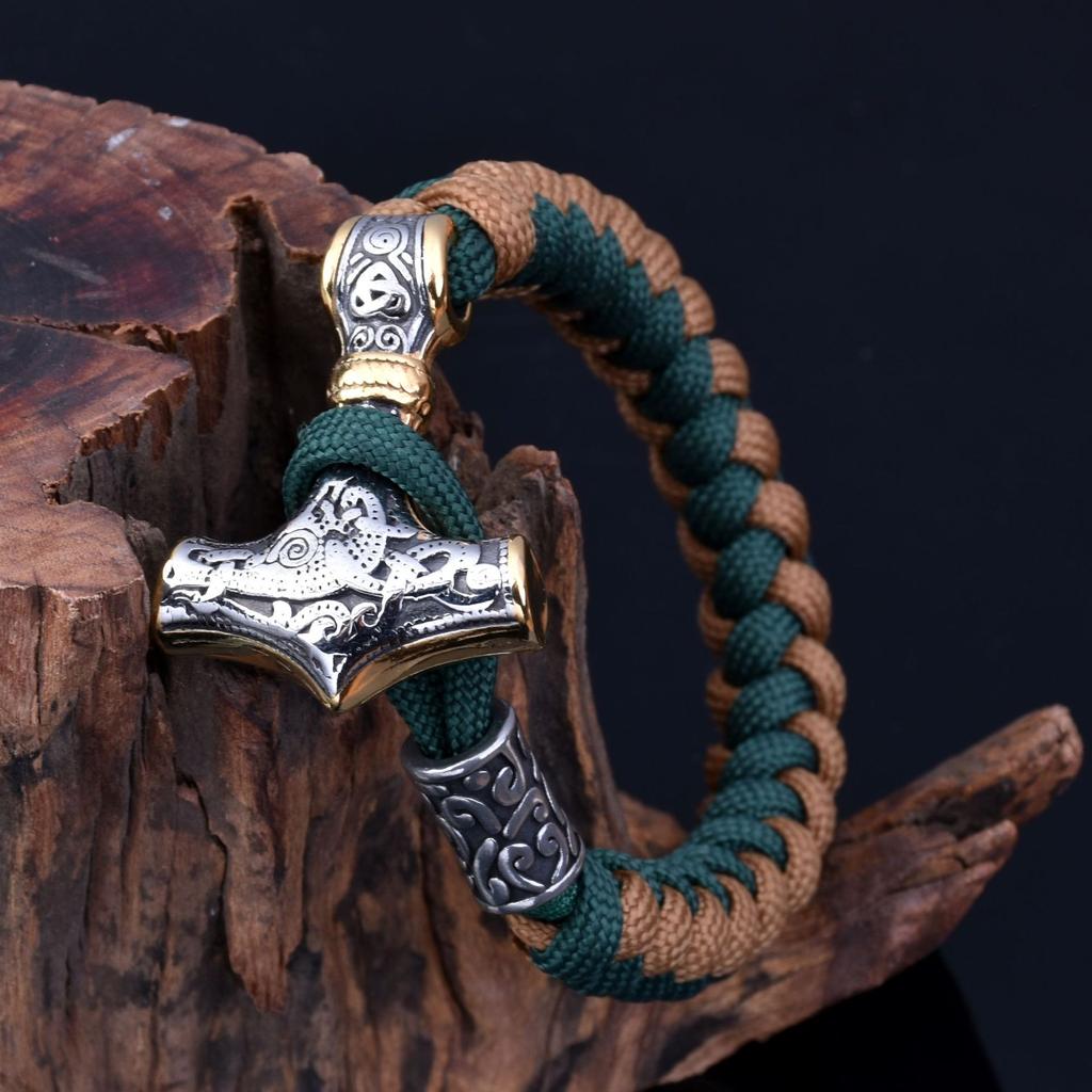 Pánský náramek Šperky Viking Nerezová ocel Thor'S Hammer Paracord pletený náramek 