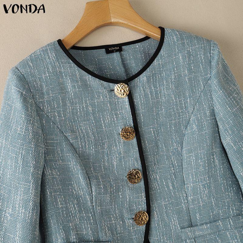 VONDA Women Elegant Long Sleeve O Neck Contrast Trim Peplum Blazer Cardigan