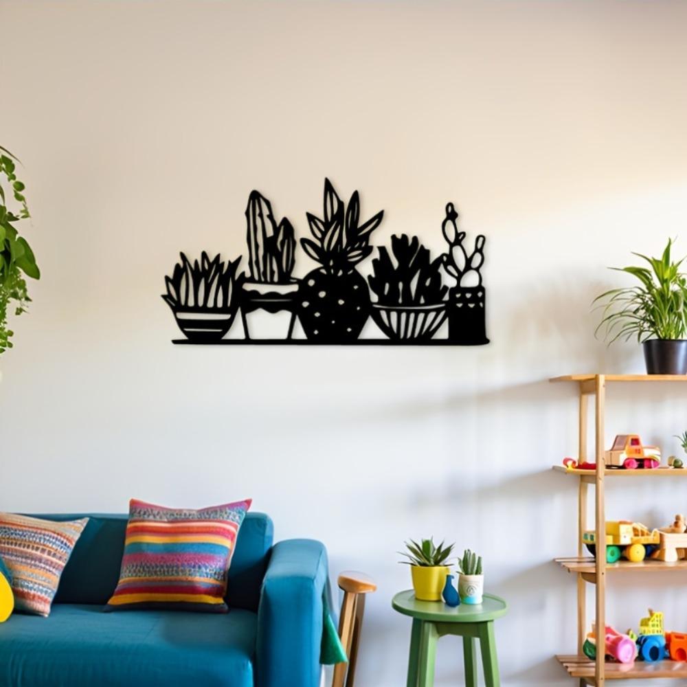 2D Flat Cactus Metal Wall Art Black, Silhouette Decorative Plaque Sign for Living Room Bedroom Office