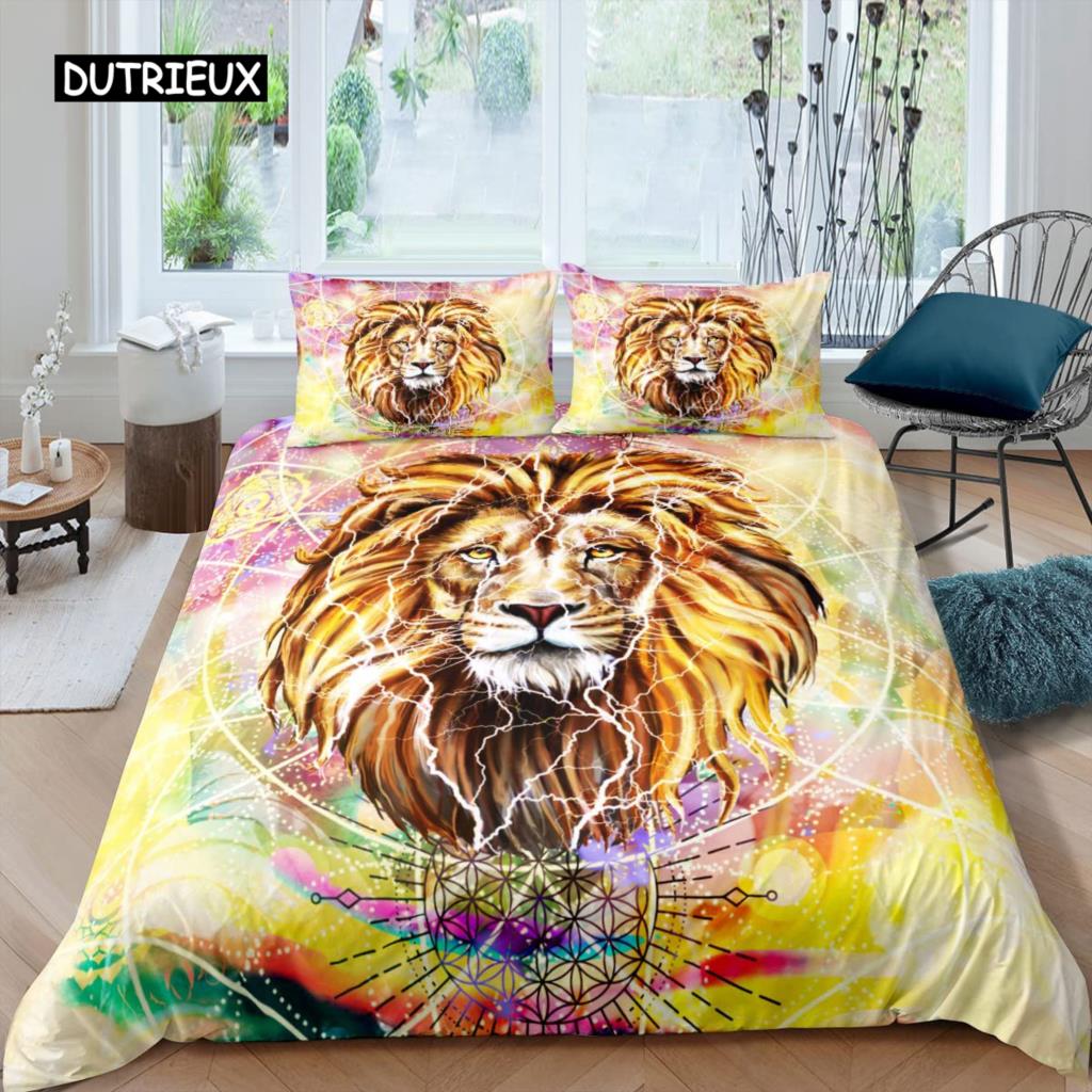 Lejon Påslakanset King Size Afrika Vilda Djur Storkatt Sängkläder Gyllene Lejon Vilar 2/3 Delar Barn Djur Enkelt Täcke Överdrag