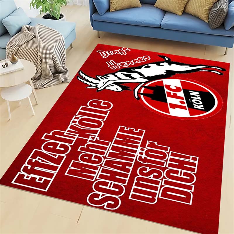 1.FC Köln Billy Goat Mascot Area Rug, Non-Slip Red Floor Mat with German Fan Slogan & Club Badge, Washable Carpet for Bundesliga Football Fans Bedroom