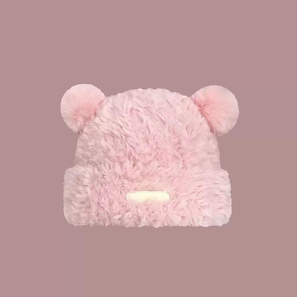 Cute bear wool hat women's winter plush warm fluffy autumn and winter big head circumference knitted hat