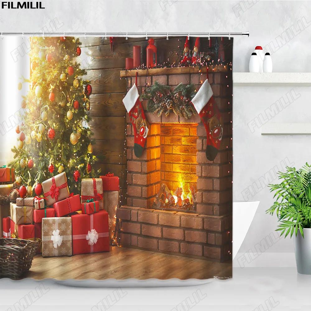 Retro olejomalba Vánoční sprchové závěsy Santa Claus Garland Xmas Tree Vintage krb Novoroční dekorace Sada koupelnových závěsů