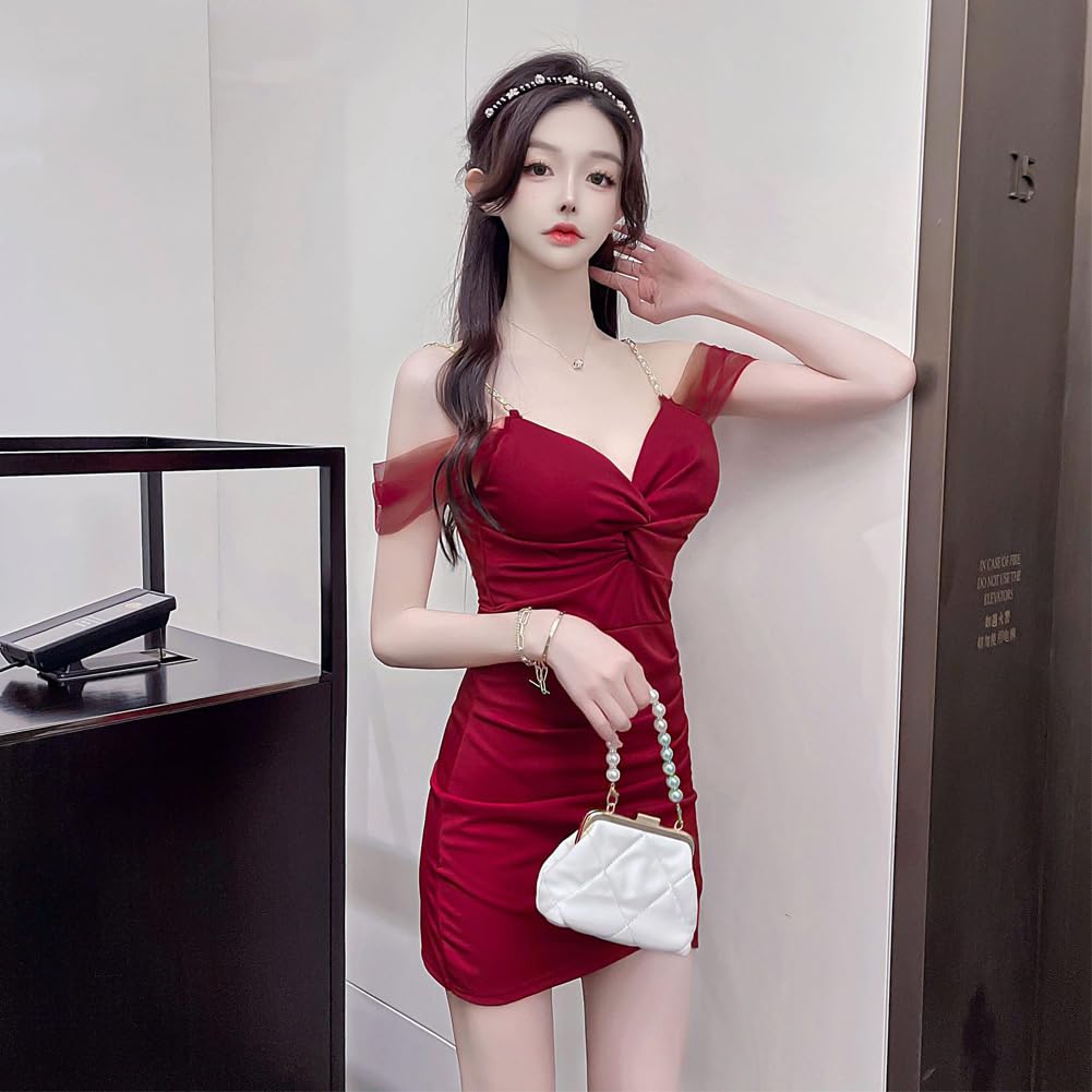 Cabaret Pleated Sleeveless Mini Lace Backless Hip Tight Irregular Sexy Beauty for Nightclubs and Dates Wine [SDSXZWG] Women's Dress, Décolleté V-Neck