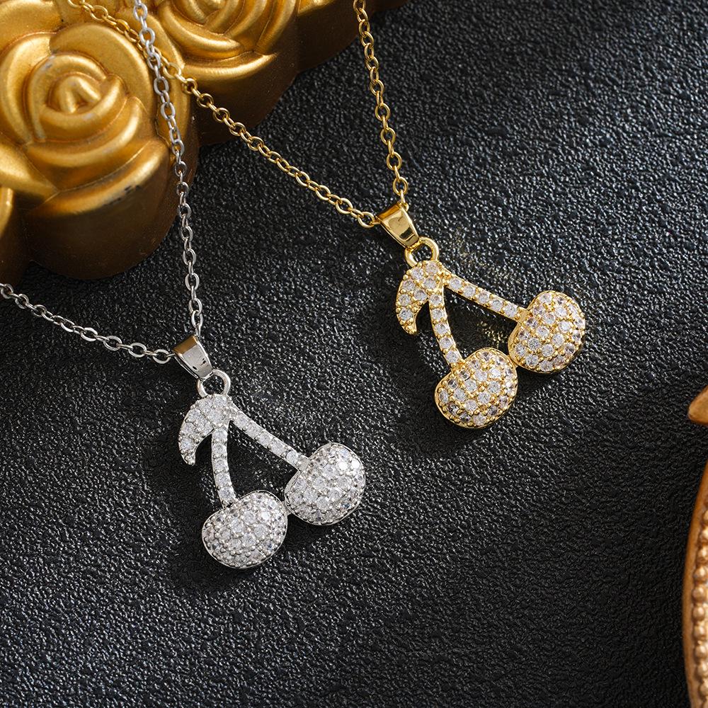 Cherry Design Women's Necklace - Titanium Steel, Full Diamond, Simple & Trendy