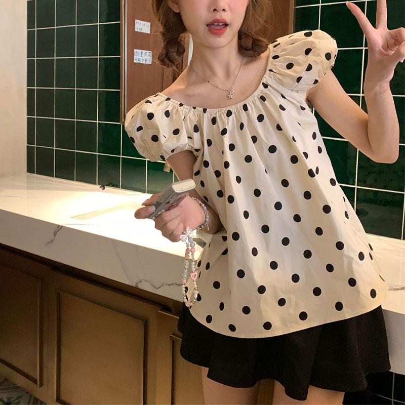 French Sweet Polka Dot Blouse Summer Fashionable Puff Sleeve Women's Casual Loose Round Folds Basic Shirts