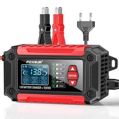 FOXSUR Car Battery Charger 12V 6A FTC-1206 Motorcycle Truck AGM LiFePO4 Lead Acid Batteries Maintainer Digital LCD Display