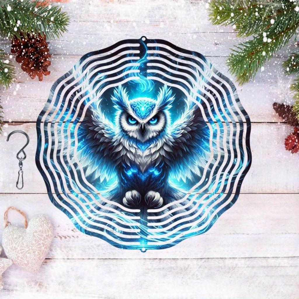 1pc Ice Blue Phantom Owl Wind Spinner - 2D Dynamic Hanging Art with 360° Swivel Hook, Vibrant Blue & Black Metal Garden Decor for Outdoor Yards