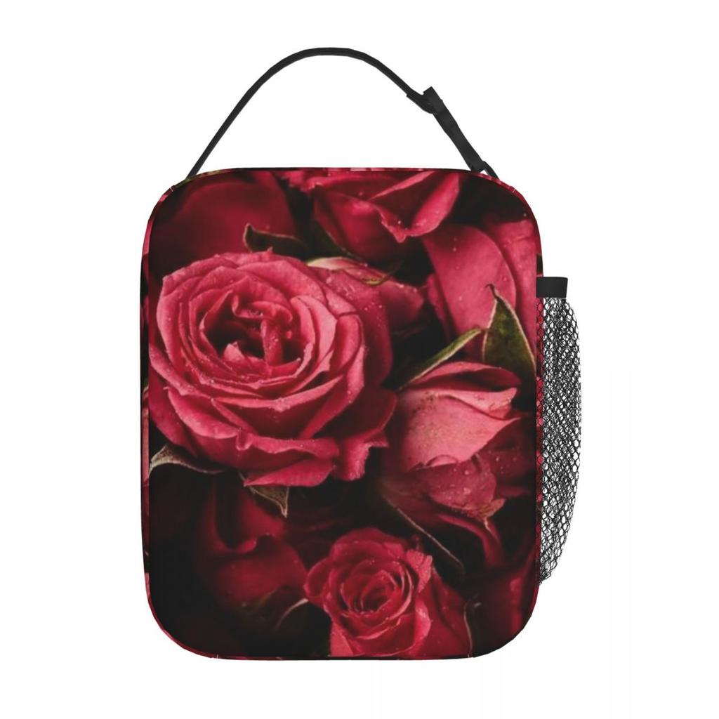 Red Rose Floral Design Insulated Lunch Bag for Women Kids Leakproof Food Boxes Thermal Lunch Box Tote