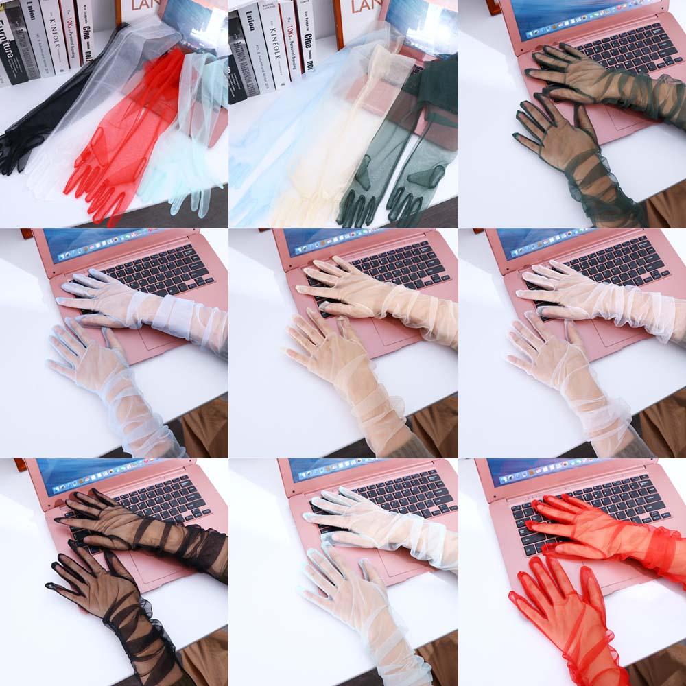 Long Fashion Sheer Tulle Full Finger Elbow Thin Gloves Lace Mitten Five Fingers Mitts Women Gloves