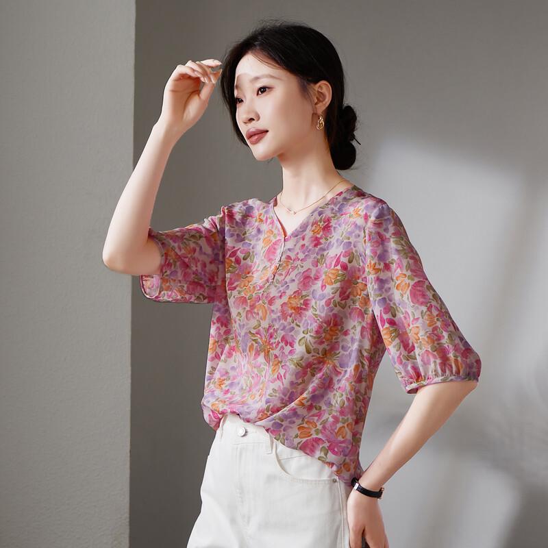 SOFSIL 2026 Summer Floral Print Mulberry Silk Top M