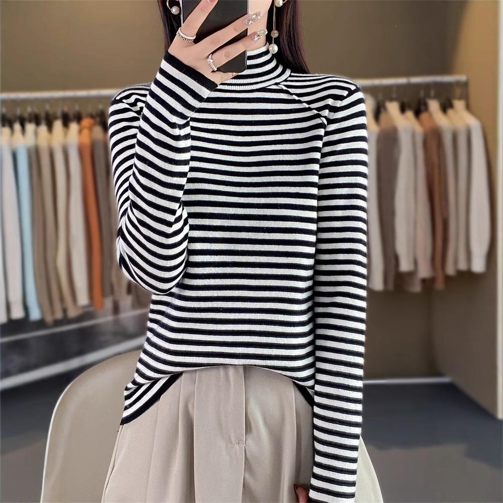Knitted Sweater with Semi-high Collar, Versatile Long-sleeved Striped Inner Layer for Women, Loose-fitting Pullover Base Shirt