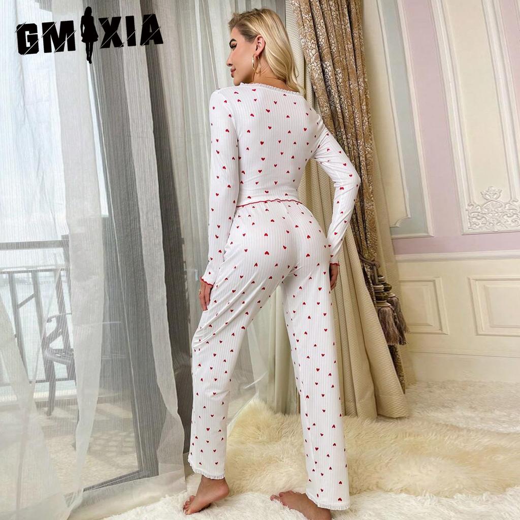 GMXIA Homewear Rolled Edge V-neck Long-sleeved Pajamas Women Can Be Worn Outside Trousers Two-piece Set