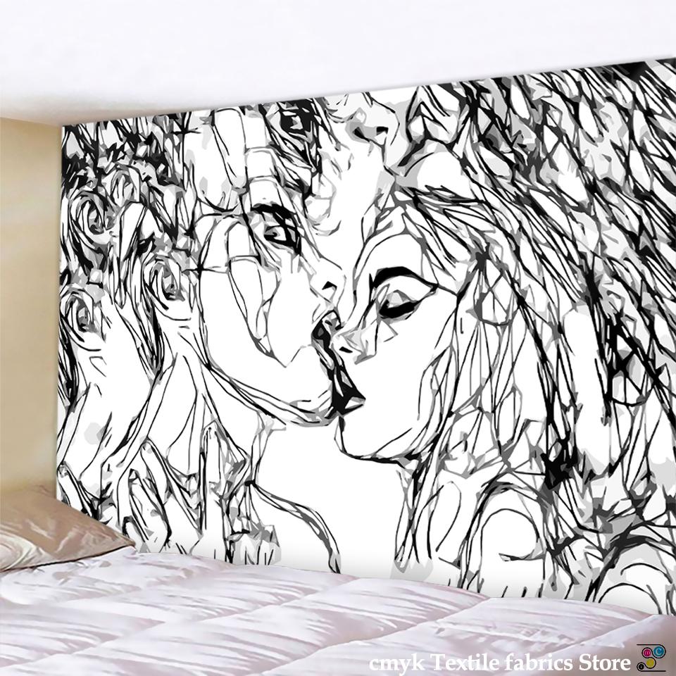 Kreatives Linienzeichnung Wandbehang Boho Dekor Hippie Kuss Psychedelisch Abstrakt